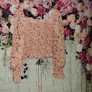 NWT Poiumn floral print smocked crop long sleeve with tie up front